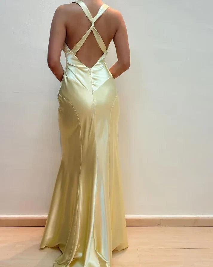Luolandi Light Yellow V Neck Vintage Mermaid Long Party Dress Evening Dress wedding guest dress